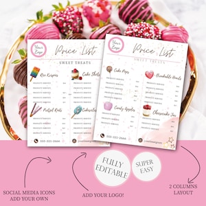 Süße Leckereien PREISLISTE Vorlage, bearbeitbar Super einfach, Herz brechen, Kuchen, Cupcakes, Brezeln Preisliste, Printable Sheet, Web Preis tza