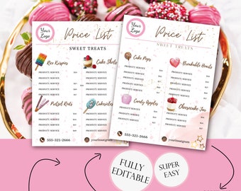 Süße Leckereien PREISLISTE Vorlage, bearbeitbar Super einfach, Herz brechen, Kuchen, Cupcakes, Brezeln Preisliste, Printable Sheet, Web Preis tza