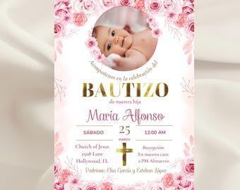 Invitaciones Bautizo Niña 2 versiones, una para imprimir y la otra digital.  Church Baptism Invitation Girl Spanish CAVA EDITABLE