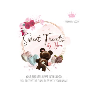 Sweet Treats Logo-Design, zerbrechliches Herz-Logo, zerbrechliches Bären-Logo, Erdbeer-getauchte Schokolade, Brezel-Stäbchen-Logo, Cupcake-Logo