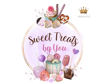 Sweets Logo Design, Cake Dripping Logo, Purple Lilac Lavender, Custom Sweet Treats Logo, Watercolor Logo Branding, Strawberry Logo