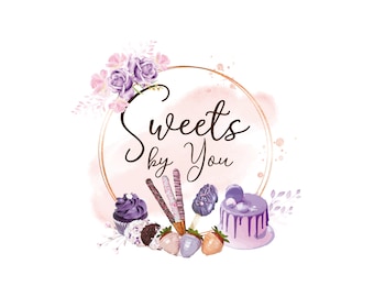 Sweet Treats Logo Design, Cake Dripping Logo, Purple Lilac Lavender, Custom Sweet Treats Logo, Watercolor Logo Branding, Strawberry Logo
