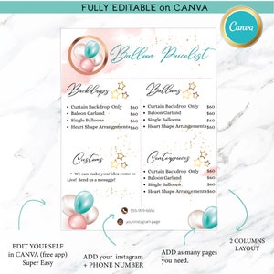PRICE LIST Template, Balloons Price List, Party Planner, Editable Super ...