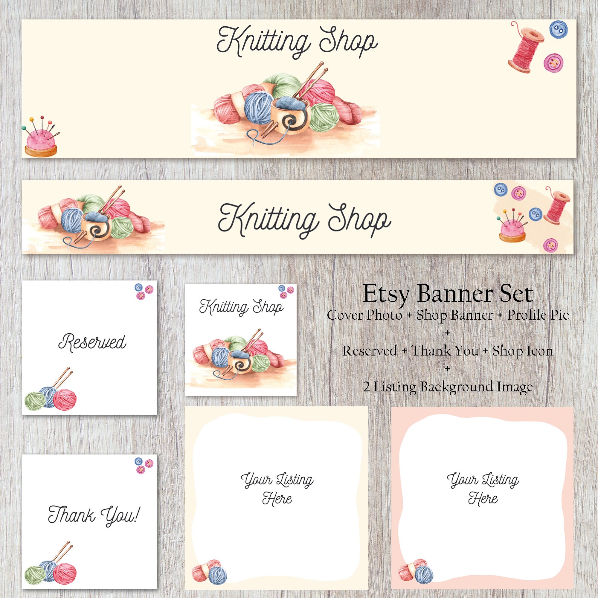 Etsy Shop Banner Set Knitting Wool Watercolor Shop Cover Etsy