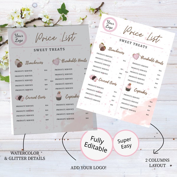 Sweet Treats PRICE LIST Template, Editable Super Easy,Heart Breakable, Cakes, Cupcakes, Pretzels Price List, Printable Sheet, Web Price List