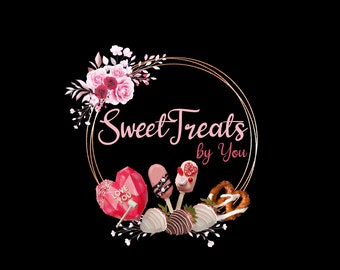 Sweet Treats Logo-Design, zerbrechliches Herz, in Erdbeere getauchtes Schokoladen-Logo, Eis am Stil, Kuchen-Logo, Brezel-Logo