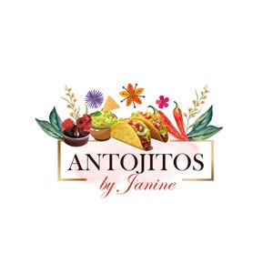 Puede incluir: Un logotipo estilo acuarela con el texto "ANTOJITOS by Janine" en un marco rectangular dorado. El diseño incluye ilustraciones de tacos, guacamole, totopos, chiles y flores, sobre un fondo blanco.