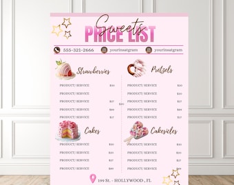 Sweet Treats PRICE LIST CanvaTemplate, Letter Size and Instagram-Facebook Size - Cakes, Cupcakes, Printable Sheet, Web Price list