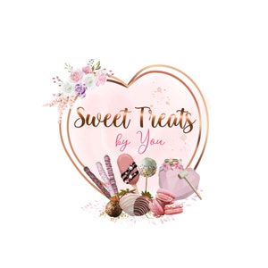 Sweet Treats Logo, Herzform-Logo, zerbrechliches Herz-Logo, Bronze-Gold-Logo, getauchtes Erdbeer-Logo, CakePops-Logo, Brezel-Rod-Logo