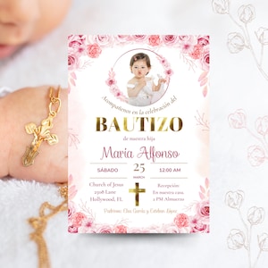 Invitaciones Bautizo Niña 2 versiones, una para imprimir y la otra digital.  Church Baptism Invitation Girl Spanish CAVA EDITABLE