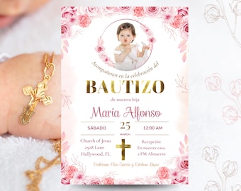 Invitaciones Bautizo Niña 2 versiones, una para imprimir y la otra digital.  Church Baptism Invitation Girl Spanish CAVA EDITABLE