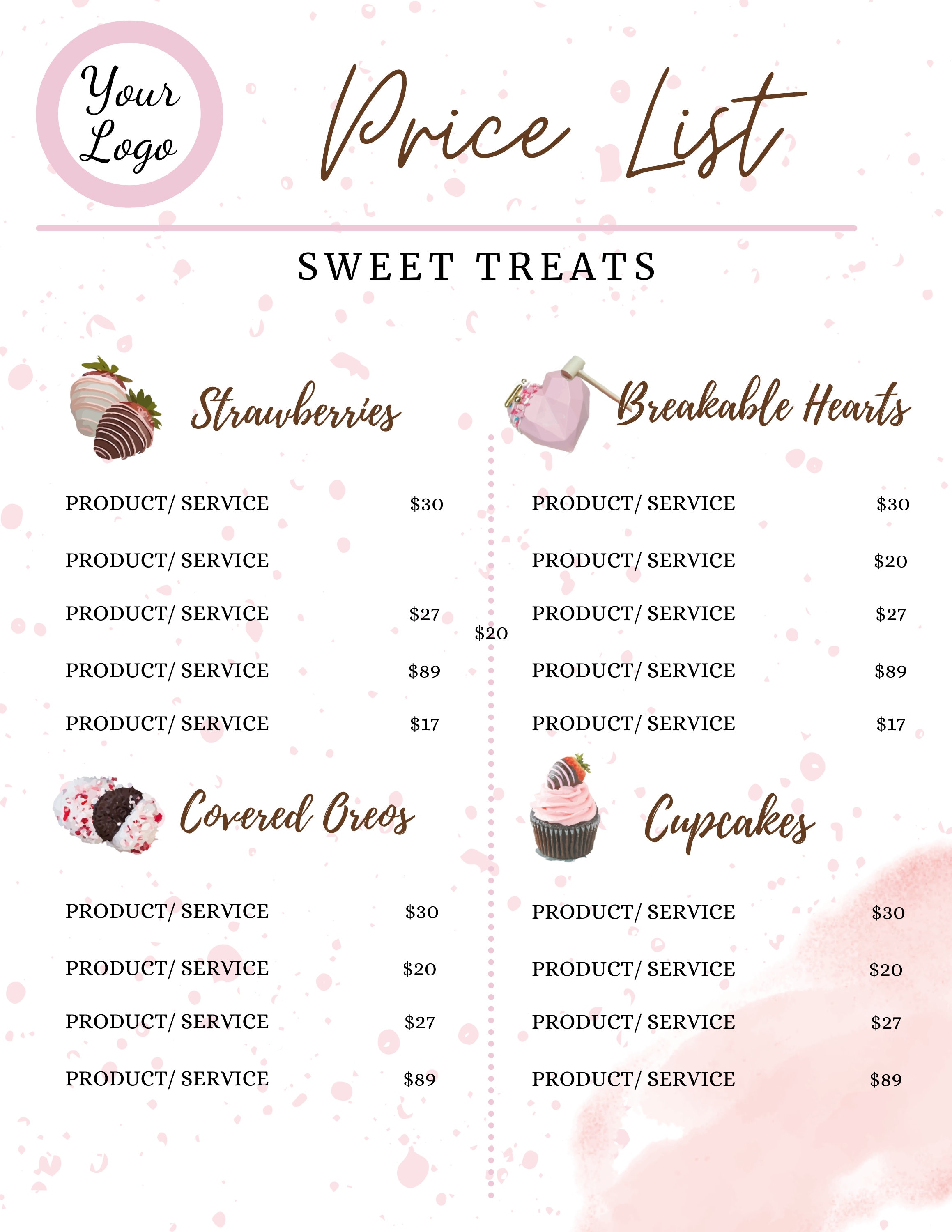 Bakery Sweet Treats PRICE LIST Template Editable Super Easy Etsy
