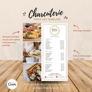 Plantilla de lista de precios de charcutería, Canva editable súper fácil, tabla de quesos, hoja imprimible