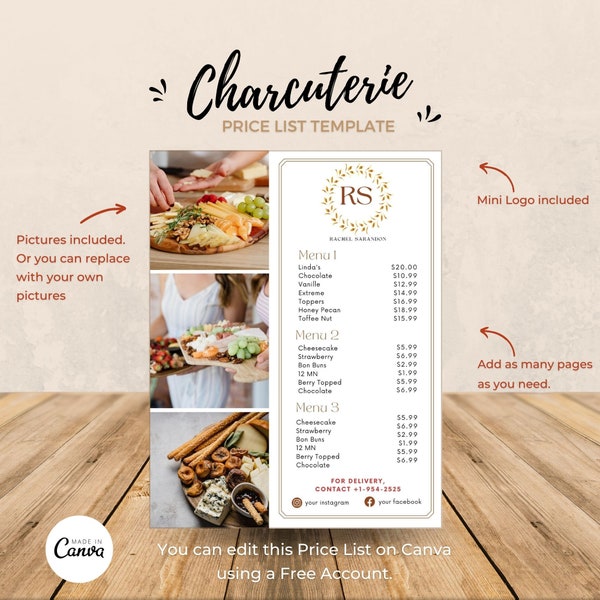 Charcuterie PRICE LIST Template, Canva Editable Super Easy, Cheese Table, Printable Sheet