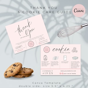Cookie Care Guide plus Dankeskarte - CANVA bearbeitbare Vorlage DIY, enthält 2 Dateien.  Druckbare Cookie-Pflege - Cookie-Servieranweisungen.