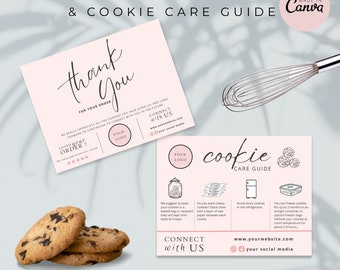 Cookie Care Guide plus Thank you card - CANVA Editable Template DIY, Includes 2 Files.  Printable Cookie Care - Cookie Serving Instructions.