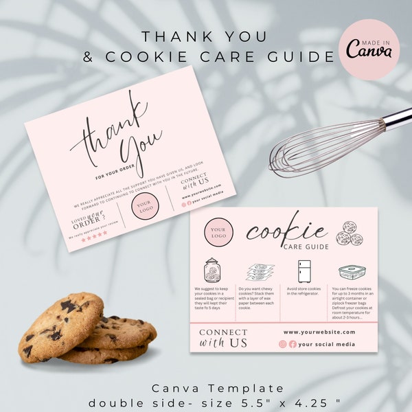 Cookie Care Guide CANVA Editable Template DIY, Includes 2 Files.  Printable Biscuit Care Card. Cookie Serving Instructions. Thank You Insert