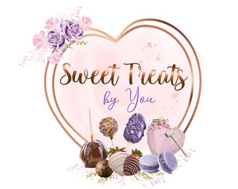 Sweets Logo, Cake and Cake Pops Logo, Heart Breakable Logo, Chocolate Strawberry Logo, Pretzel Rod Logo, Bakery Logo,Watercolor Flower Logo