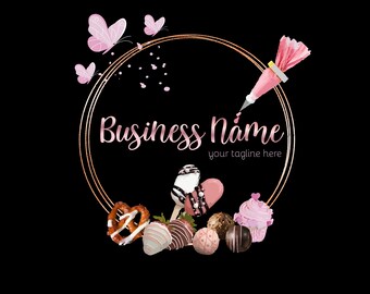 Sweet Treats Logo Design, Piping Bag Logo, Bakery Logo, Butterfly Strawberry Dipped Chocolate, Pretzel Logo, Cocoa Bombs Logo, Popsicle Logo