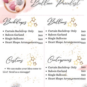 PRICE LIST Template, Balloons Price List, Party Planner, Editable Super ...