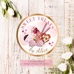 Sweet Treats Sticker Design Template - Cupcake - Strawberry Chocolate Labels - Canva Editable Sticker Label - Editable Template