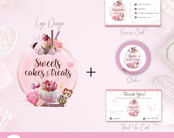 Sweet Treats Logo + Canva Branding Kit (Sticker, Business Card, Thank You Card) all digital.