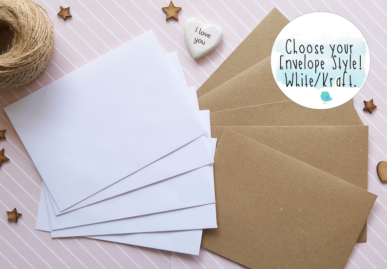May include: A stack of white envelopes and a stack of brown kraft paper envelopes. A circular white label features the text Choose your Envelope Style! White/Kraft. with a small blue bird illustration. Decorative wooden stars and a heart are present.