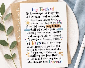 Personalised Teacher Card, Thank You Teacher, Teaching Assistant Card, Headteacher Card, LSA Card, Amazing Teacher, Tutor Card, Thank You