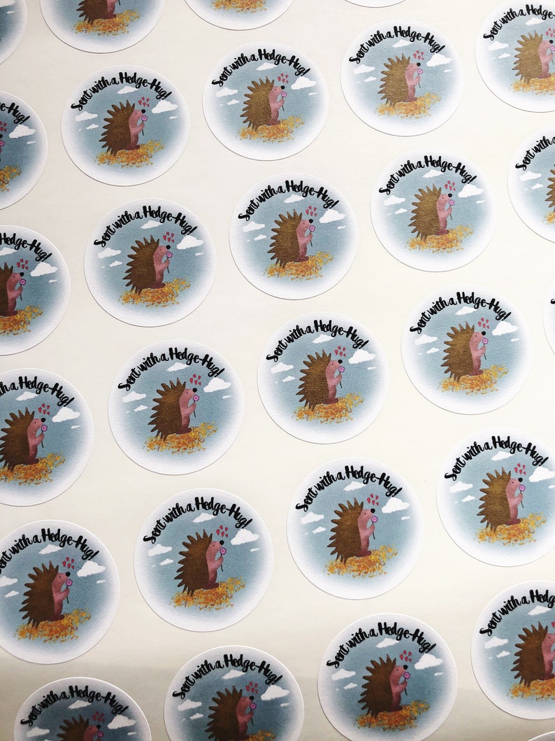 May include: Round stickers featuring a cartoon hedgehog with a pink nose and a sprig of flowers. The hedgehog is surrounded by a blue sky with clouds and text that reads "Sent with a Hedge-Hug!".