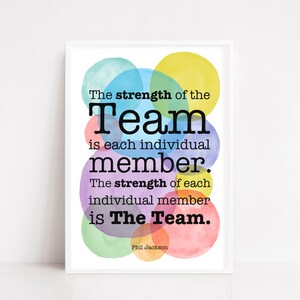 May include: A motivational quote about teamwork with colorful watercolor circles in the background. The quote reads: "The strength of the Team is each individual member. The strength of each individual member is The Team." - Phil Jackson.