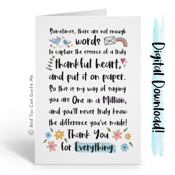 Carte de remerciement imprimable, carte imprimable enseignant, téléchargement immédiat, carte de tuteur, carte d'amitié, carte de remerciement collègue, thérapeute