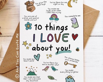 10 Things, Love You, Valentines Card, Anniversary Card, Couples Card, Friendship Card, Appreciation Card, 10th Anniversary, Best Friend Card