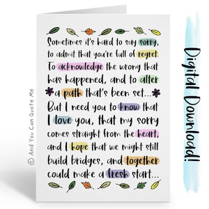 Afdrukbare Sorry-kaart, Excuseskaart, Direct downloaden, Excuseskaarten, Break Up Card, Sorry Poem, Miss You Card, And You Can Quote Me, Digitale kaart