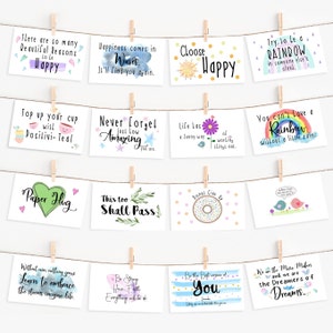 24 mini tarjetas imprimibles de positividad, frases inspiradoras, frases de ánimo, afirmaciones, frases inspiradoras y amistad.