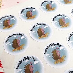 May include: Round stickers with a cartoon hedgehog design. The hedgehog is brown with a pink nose and is holding a flower. The stickers have the text "Sent with a Hedge-Hug!" on a light blue background with clouds.