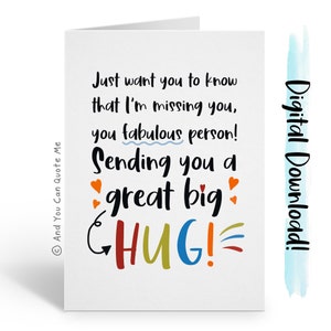 Stuur een afdrukbare knuffel, digitale kaart, Miss You Card, Denk aan je, Pandemische kaart, verre vrienden, Cheer Up Card, Instant Download, Knuffel