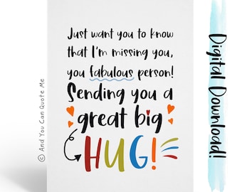 Send a Hug Printable, Digital Card, Miss You Card, Thinking of You, Pandemic Card, Far Away Friends, Cheer Up Card, Instant Download, Hug