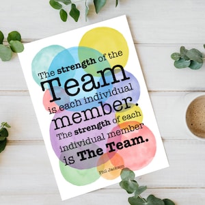 May include: A motivational quote about teamwork with colorful watercolor circles in the background. The quote reads: "The strength of the Team is each individual member. The strength of each individual member is The Team." - Phil Jackson