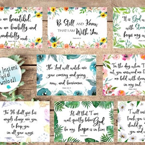 May include: Nine printable cards with watercolor floral designs and inspirational Bible verses. The cards feature various floral patterns, including pink, blue, and green flowers. Each card includes a different Bible verse, such as "You are beautiful, for you are fearfully and wonderfully made." and "Be still and know that I am with you."