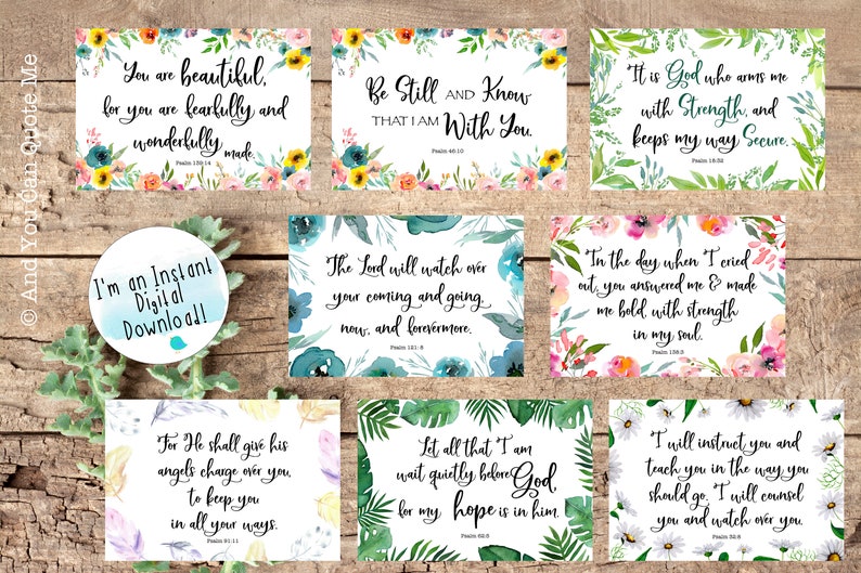 May include: Nine printable cards with watercolor floral designs and inspirational Bible verses. The cards feature various floral patterns, including pink, blue, and green flowers. Each card includes a different Bible verse, such as "You are beautiful, for you are fearfully and wonderfully made." and "Be still and know that I am with you."