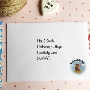 May include: A white envelope with an address label, a blue pen with white flowers, and a decorative heart that says "I love you". The envelope has the address "Mrs S Smith, Hedgehog Cottage, Positivity Lane, SUN NYI". A sticker says "Sent with a Hedge Hug!"