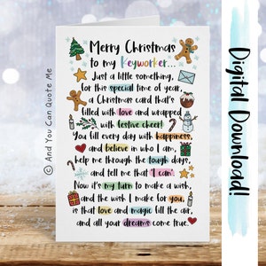 May include: A Christmas card with the message "Merry Christmas to my Keyworker..." and festive illustrations. The card features a Christmas tree, gingerbread man, star, and other holiday-themed graphics. It is a digital download.