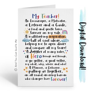 Printable Teacher Card, Thank You Teacher, Downloadable Card, Nursery Teacher Card, Keyworker Printable Card, Teacher Poem, Digital Card