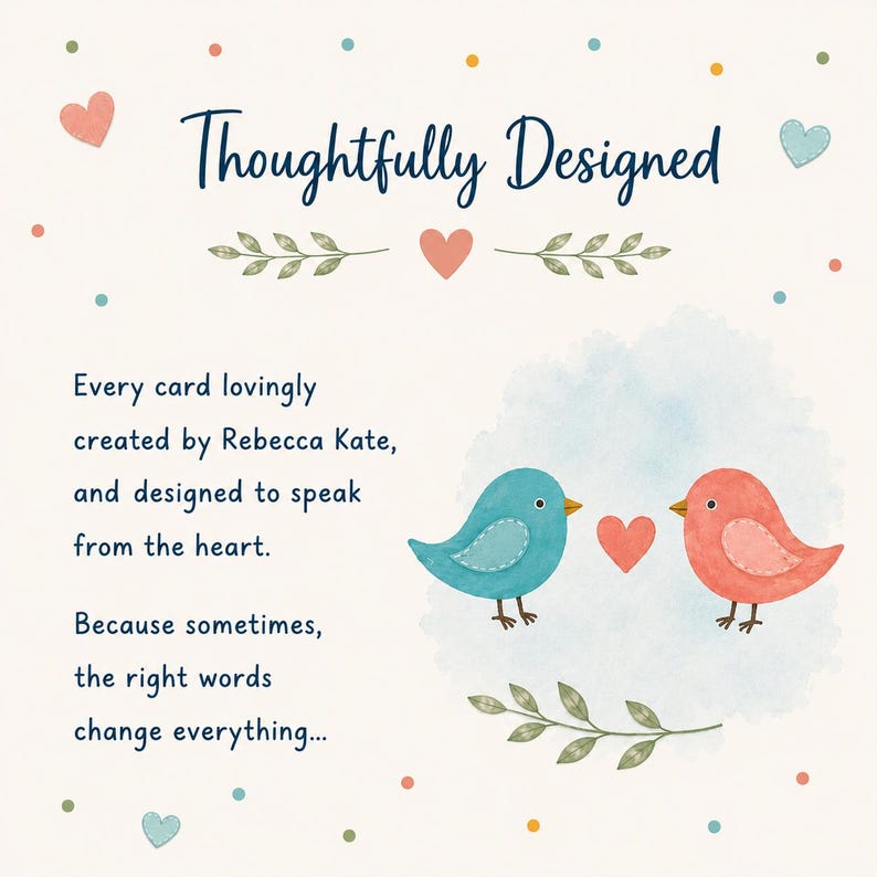 May include: A greeting card featuring the text Thoughtfully Designed, Every card lovingly created by Rebecca Kate, and designed to speak from the heart. Because sometimes, the right words change everything... with blue and coral birds and hearts.