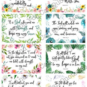 May include: Eight printable cards with floral designs and inspirational quotes from the Bible. Each card features a different floral pattern and a verse from Psalms. The text includes phrases like "You are beautiful", "Be Still", "The Lord will watch over", "In the day when I cried", "I will instruct you", and "For He shall give his angels charge over you".