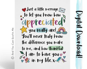 Appreciation Card, Thank You Card, Friendship Card, Supportive Friend, Digital Download, Printable Card, Digital Thanks, Special Friend