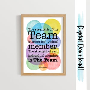 May include: A motivational quote about teamwork with colorful watercolor circles in the background. The quote reads: "The strength of the Team is each individual member. The strength of each individual member is The Team." - Phil Jackson.