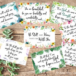 May include: A set of 10 printable inspirational quote cards with floral and tropical designs. The quotes are from the Bible and include verses like "The Lord will watch over your coming and going now, and forevermore." and "Be still and know that I am with you."