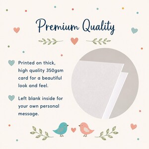 May include: A greeting card made of 350gsm cardstock with a circular inset showing the white paper texture. The text reads Premium Quality, Printed on thick, high quality 350gsm card for a beautiful look and feel, and Left blank inside for your own personal message, decorated with small hearts, leaves, and blue and pink birds.