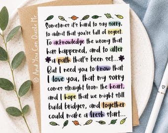 Fresh Start, Sorry Card, Apology Card, Friendship Card, Sorry Note, Apology Letter, Apology Gift, So Sorry, And You Can Quote Me
